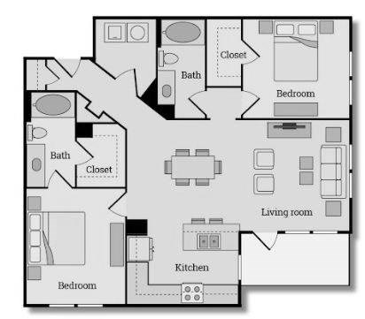 Floor plan for 2 beds, 2 baths, 1134 sqft